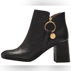 See by Chloe Boots Louise Block Heel Ankle Booties Black Leather Zip Sz 38
